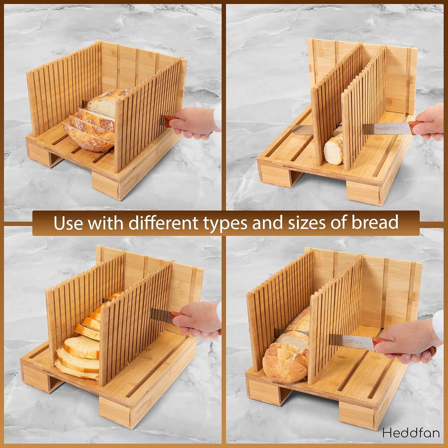 HEDDFAN 12 Bamboo Bread Slicer For Homemade Bread - Built-In Knife Slot, Crumb Catcher & Storage Compartment