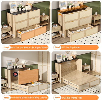 VINGLI Queen Size Rattan Murphy Bed with Storage Drawer,2 Charging Station, Boho,Hideaway Paltform Panel Bed for Small Spaces,Guest Room,Office,Apartment, Space-Saving Cabinet Bed,Oak White