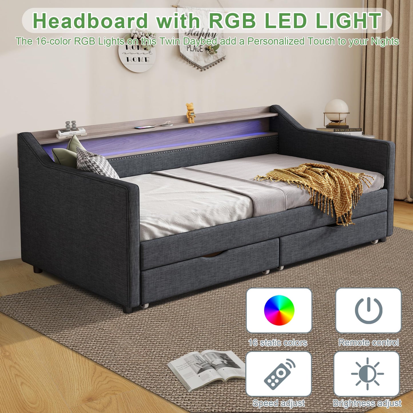 Ball & Cast Twin Size Daybed Frame with Storage Drawers and 2-Tier Shelf,Modern Linen Upholstered Sofa Bed w/Charging Station,Smart LED Light,Wood Slats Support,for Livingroom,Apartment,Dark Grey