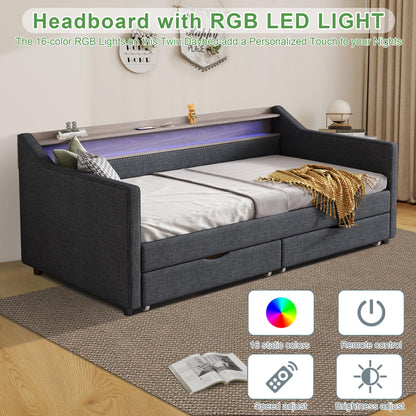 Ball & Cast Twin Size Daybed Frame with Storage Drawers and 2-Tier Shelf,Modern Linen Upholstered Sofa Bed w/Charging Station,Smart LED Light,Wood Slats Support,for Livingroom,Apartment,Dark Grey