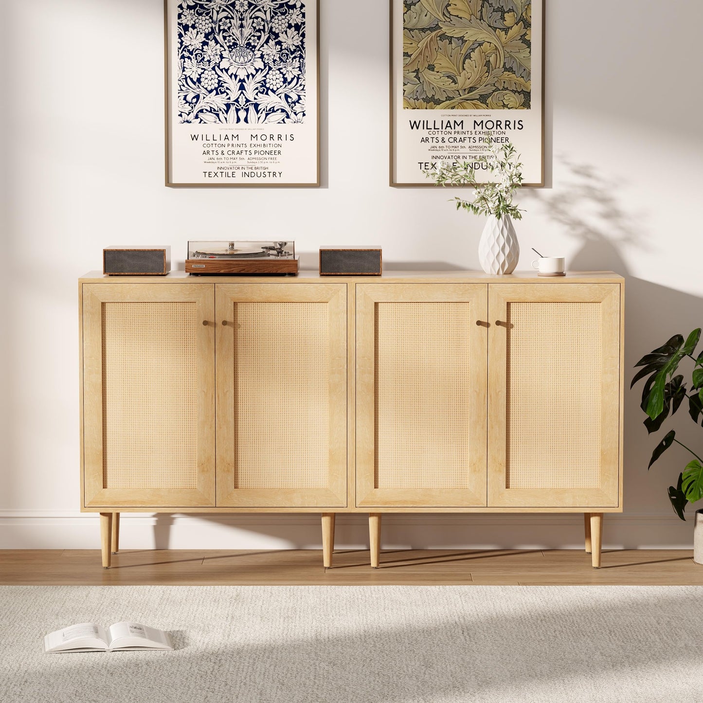 MoomJiee Rattan Door Storage Cabinet with Adjustable Shelves, Set of 2 New Wood Buffet Cabinet with Magnetic Design, Large Buffet Sideboard for Kitchen Living Room, Natural Oak