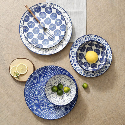 Selamica Ceramic Dinnerware Sets, 12-Pieces Plates and Bowls Sets, Scratch Resistant Dishes set for 4, Dishwasher & Microwave Safe,Vintage Blue