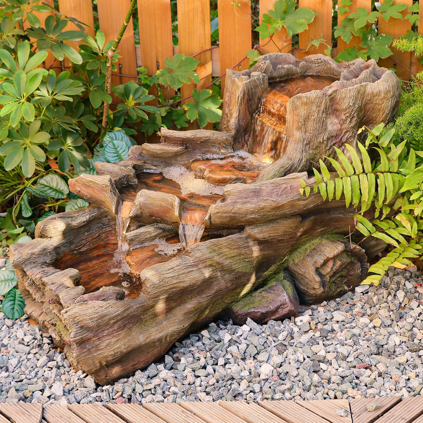 Sunlinua 34.5" L Garden Outdoor Water Fountain, Floor Standing Wood Imitation Resin Natural Waterfall Fountains with LED Lights for Patio, Porch, Home Art Decor