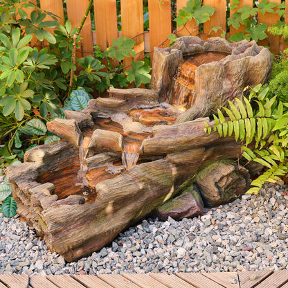 Sunlinua 34.5" L Garden Outdoor Water Fountain, Floor Standing Wood Imitation Resin Natural Waterfall Fountains with LED Lights for Patio, Porch, Home Art Decor
