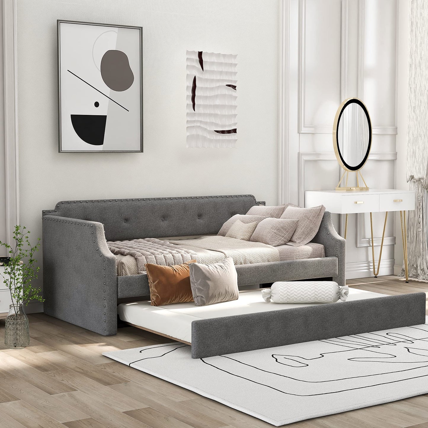 Merax Upholstered Daybed with Trundle, Wood Slat Support,Upholstered Frame Sofa Bed, Twin, Gray