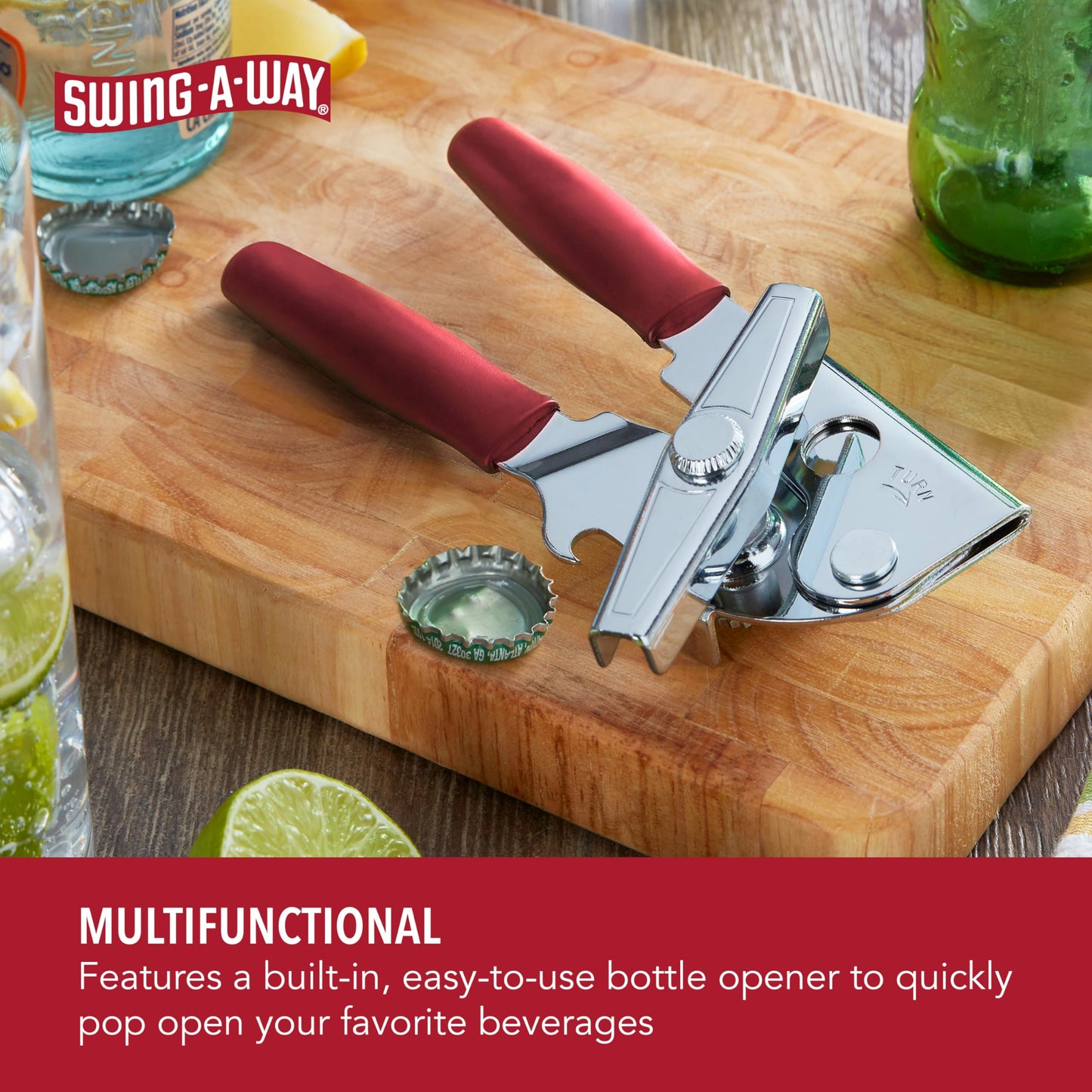 Swing-A-Way Portable Can Opener with Sharp Blade, Manual Hand Held, 2-in-1 Can and Bottle Opener, Made of Steel, Easy Turn Knob, Basic Kitchen Essentials (Red)