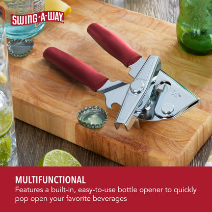 Swing-A-Way Portable Can Opener with Sharp Blade, Manual Hand Held, 2-in-1 Can and Bottle Opener, Made of Steel, Easy Turn Knob, Basic Kitchen Essentials (Red)