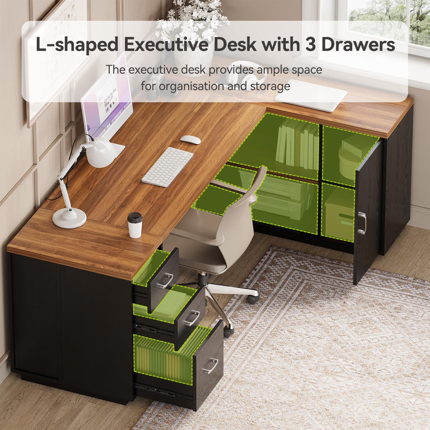 LITTLE TREE 87-Inch Modern Executive Desk with File Cabinet, Large Home Office Desk with Drawers, 3-Drawer Wooden File Cabinet, Spacious Workstation for Home Office (Brown & Black)