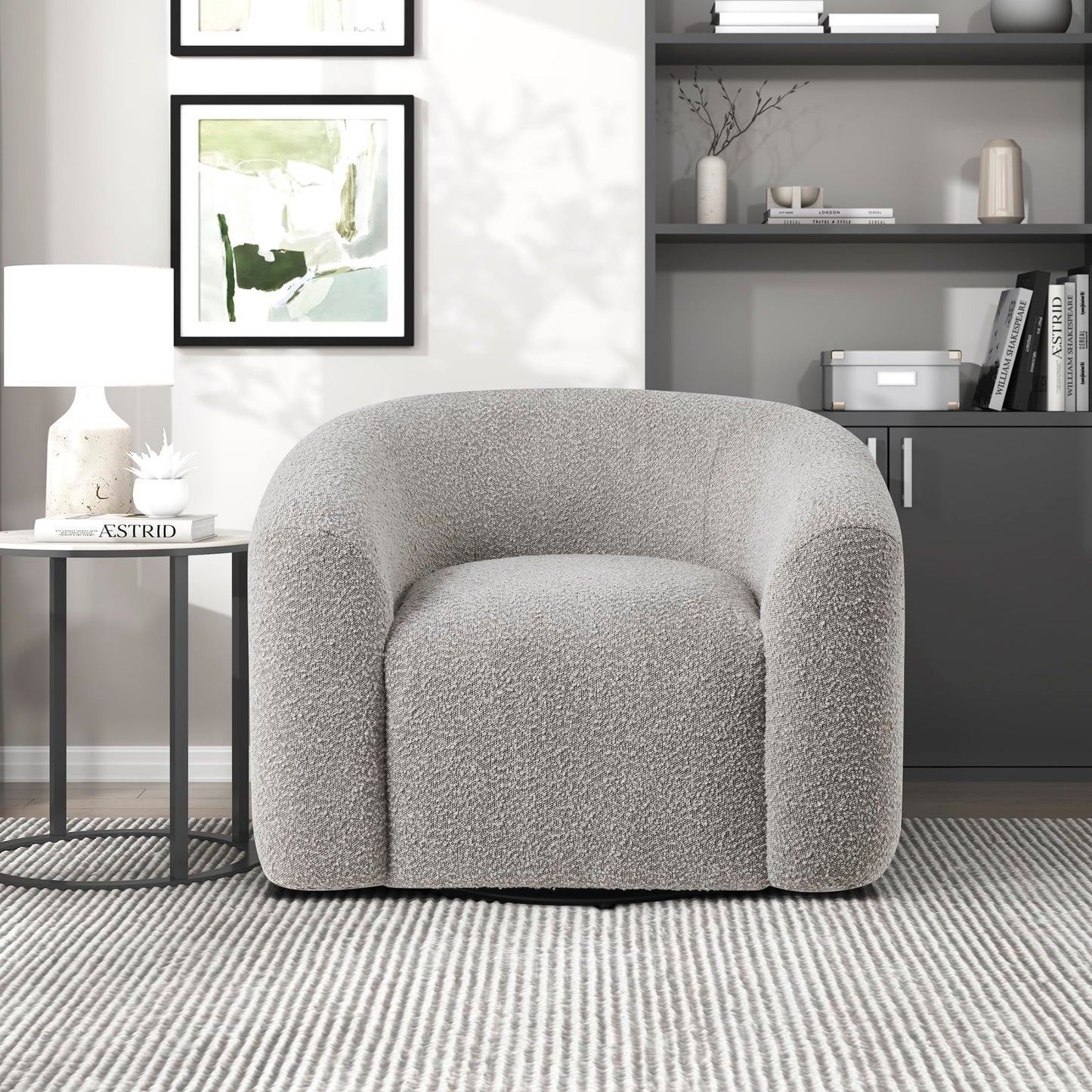 Lexicon Modern Swivel Accent Chair, Cozy Boucle Arm Chair with Plush Curved Back, Soft Stitching Cushions for Living Room/Bedroom/Office, Fully Assembled, Gray
