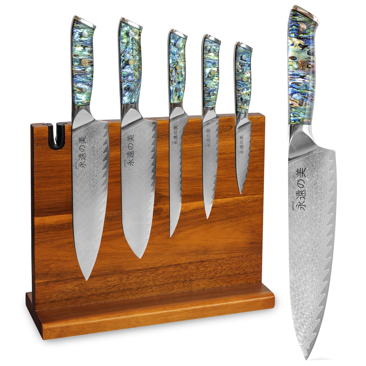 Seveat Damascus Kitchen Knife Set | 67-Layer Damascus Steel | Professional Chef Knives Set | Ergonomic Blue Shell Handle | Acacia Wood Magnetic Holder Included (Blue-3, 5-Piece Set)