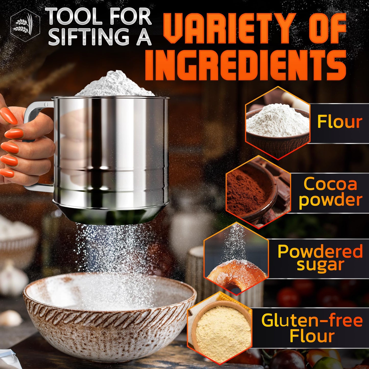 5 Cup Flour Sifter for Baking – Large Capacity Flour Sifter Stainless Steel with Double Mesh, Easy One-Hand Use & Dishwasher Safe – Baking Tools for Sifting Powdered Sugar, Cocoa & Cookies Decoration