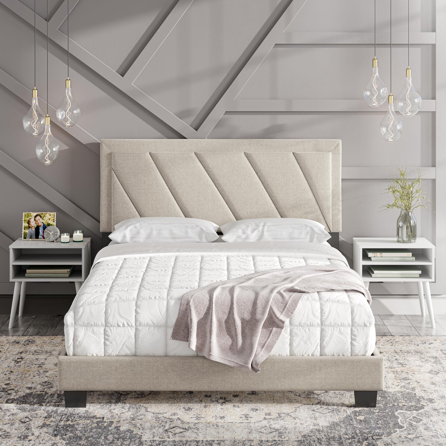 Boyd Sleep Diagonal King Size, White Linen Upholstered Platform Bed with Adjustable Headboard - Qualified Box Spring or Foundation Required for Use
