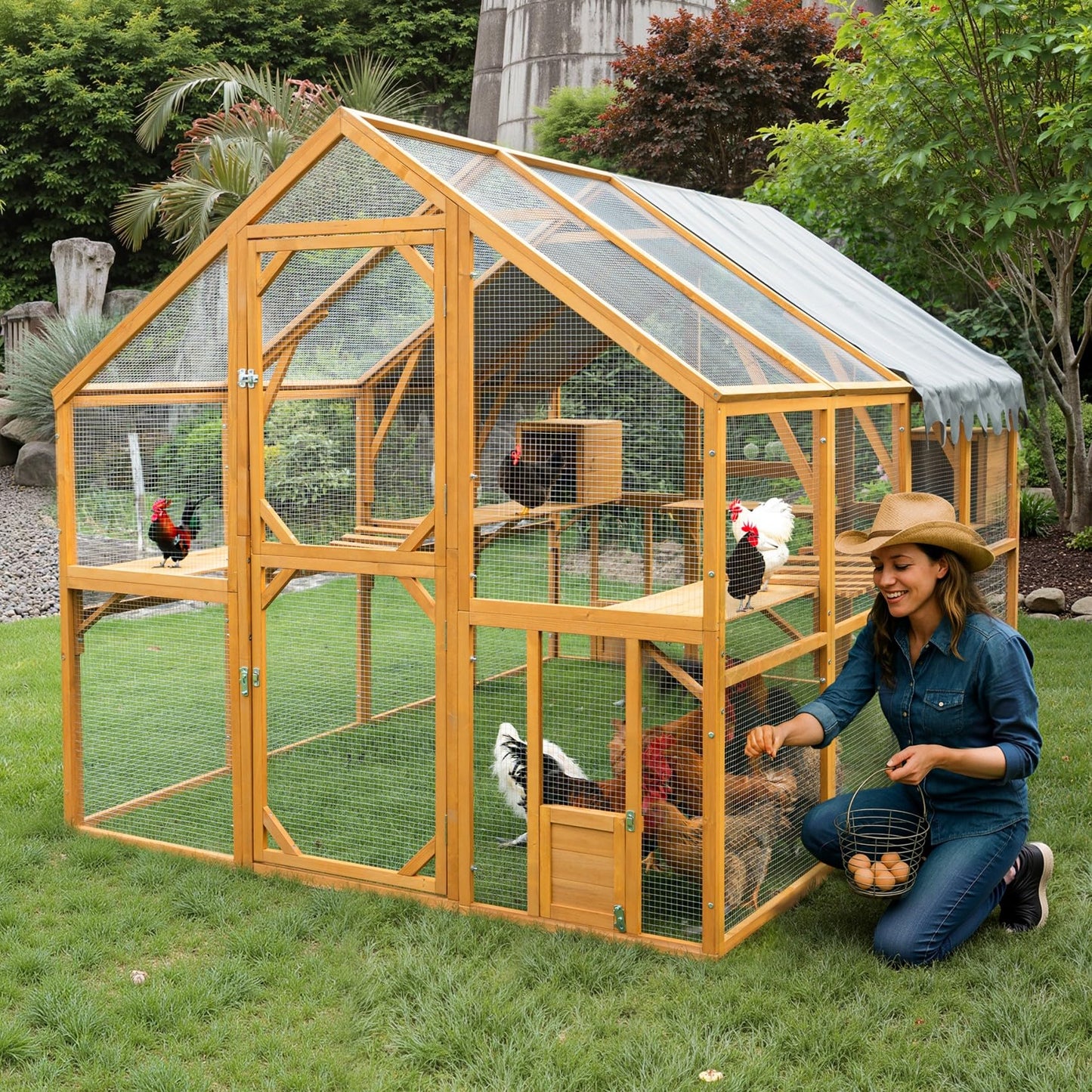 KEIKI 110"L Outdoor Large Chicken Coop with Waterproof Cover, Roosting Platform, Wire Mesh & 2 Lift Small Doors with Locks, Wood Chicken Coop House with Run for Cat Kitten Playpen, Duck, Rabbit, Quail