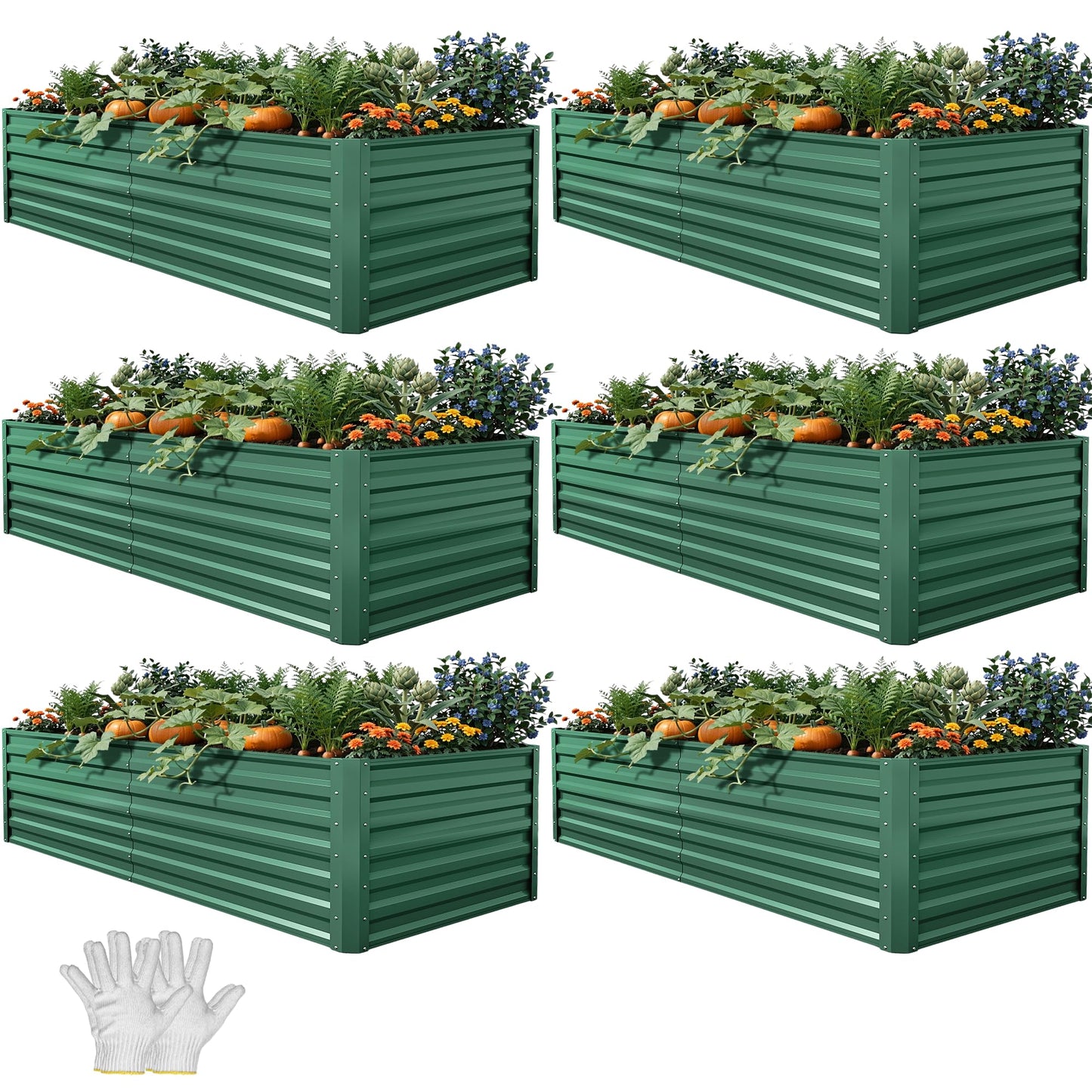 YITAHOME 6pcs 6x3x2 ft Galvanized Raised Garden Bed Kit, Large Metal Planter Box with Gloves & Support Rod, Outdoor Flower Bed for Plants Vegetables, Green