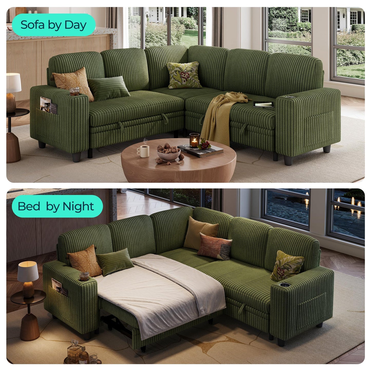 LINSY HOME Sectional Sleeper Sofa with Storage Chaise & USB Charging, Convertible Pull Out Couch Bed Plush Corduroy Modular Sectional Couches for Living Room Apartment (Green)