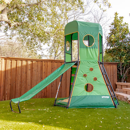 gobaplay SummitPro Climbing Tower with Slide, 600 lb Capacity, Green - Outdoor Backyard Playset with Climbing Walls and Sandbox for Kids 6+