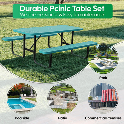 6FT Metal Picnic Tables for Outdoors, Commercial Rectangular Picnic Table and Bench Set for Outside, Patio, Garden, Backyard, Porch, Surface Mount, Green