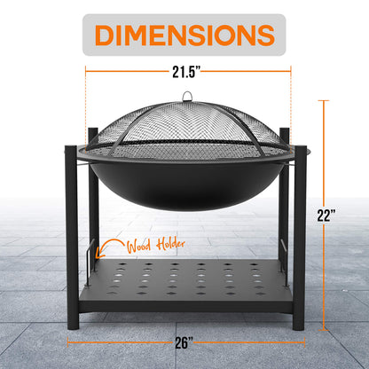 SereneLife Outdoor Wood Fire Pit - 26" Steel BBQ Grill with Mesh Spark Screen, Log Grate, Fire Poker & Cover for Camping, Picnic, Bonfire - Durable, Easy to Assemble, 2 in 1