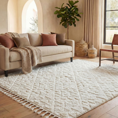 SAFAVIEH Area Rug 8x10 - Moroccan Tassel Shag Collection - Large - Ivory, Non-Shedding & Easy to Clean, Plush High-Low Texture, Ideal for Living Room, Bedroom, Dining Space (MTS688C)