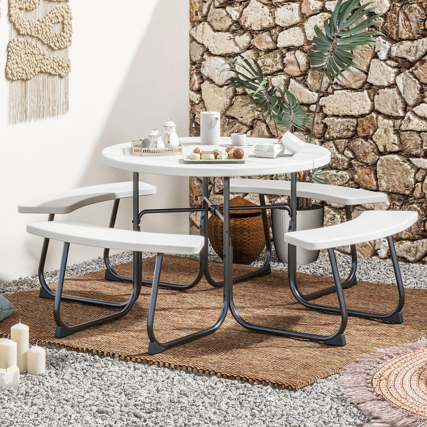 HAPPYGRILL 8-Person Picnic Table Bench Set with Umbrella Hole, 43” Outdoor Dining Table w/4 Benches, Wood-Like Texture Tabletop, Stable U-Shaped Base, Round Table for Backyards, White