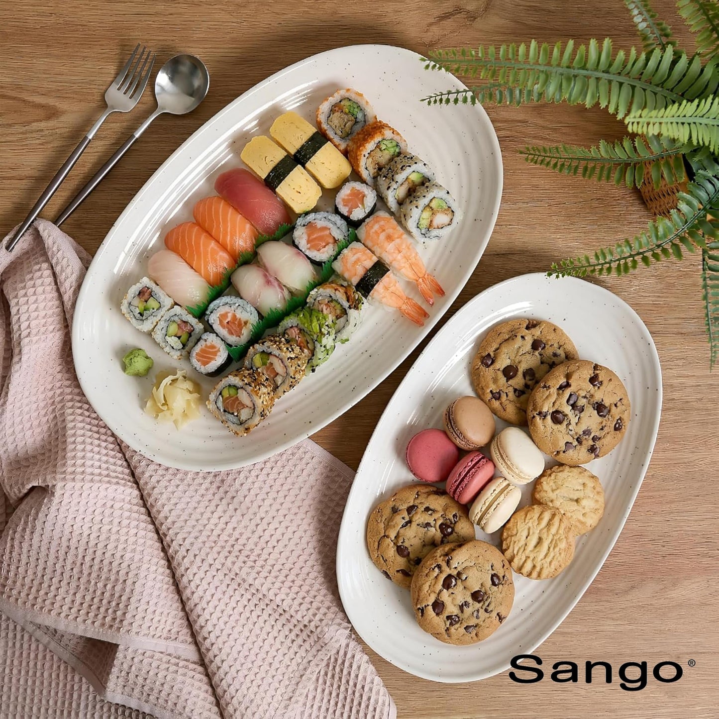SANGO Siterra 2-Piece Speckled Stoneware Serving Platter Set- Large & Medium Ceramic Platters with Glossy Rustic Glaze for Kitchen, White Serving Dishes for Entertaining, Microwave and Dishwasher Safe