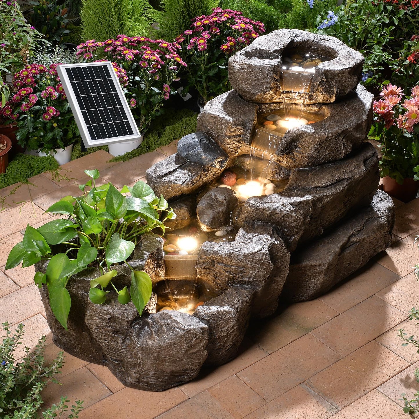 Pivotify 38.2" L Solar Water Fountain Outdoor,5-Tier Rock Waterfall Fountains Solar Powered Floor Standing Outdoor Water Feature with LED Lights for Patio, Garden,Porch, Yard, Home Art Decor（Brown）