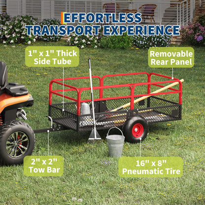 PeakPursuit Tow Behind Steel Dump Cart, Heavy Duty Yard Garden Trailer with Removable Sides & All Terrain Tires, Fits Lawn Mower, Tractor, Garden Cart, 1600 lbs 22 Cubic Feet, Red