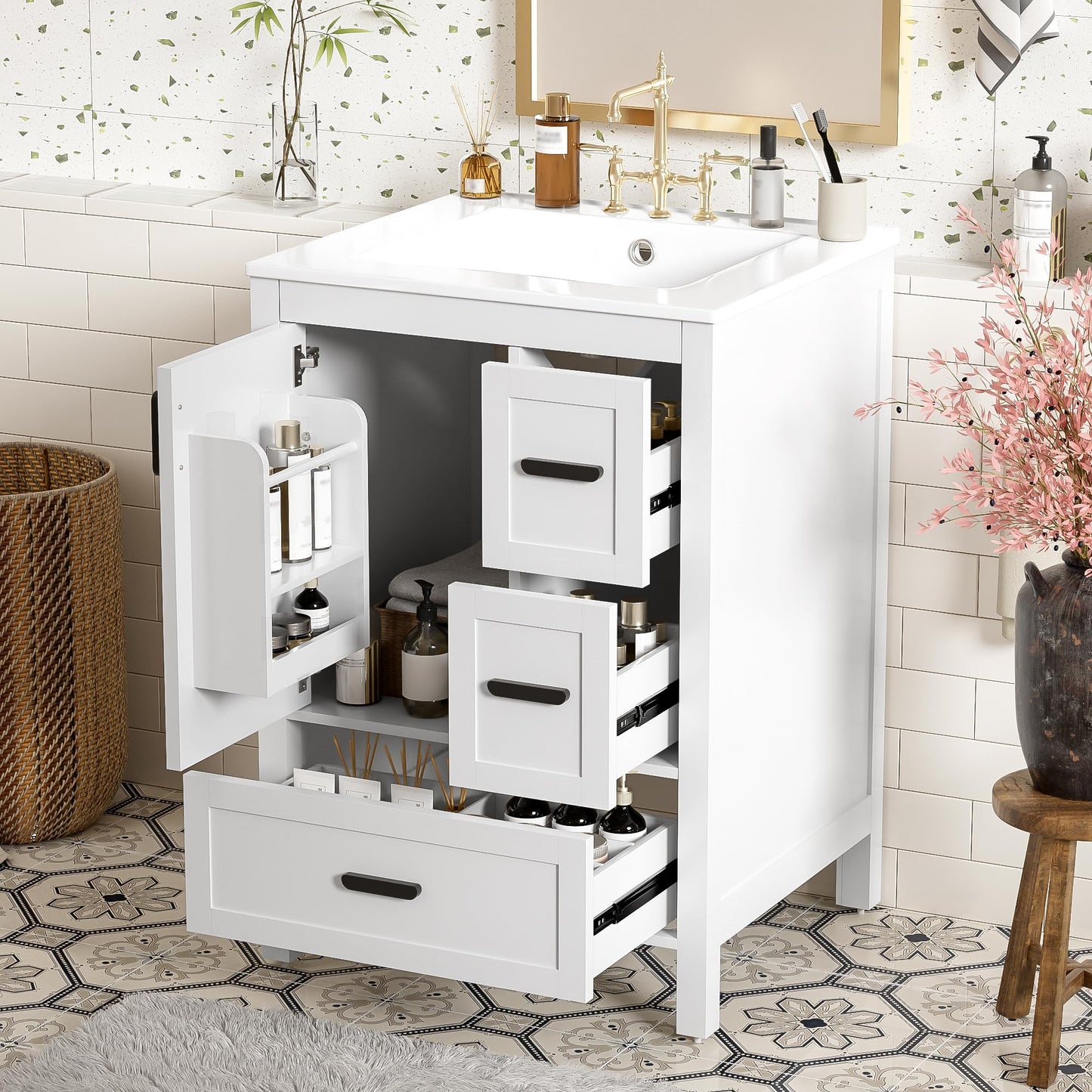 Favfurish 24" Bathroom Vanity with Ceramic Sink,Freestanding Bathroom Vanities with Soft-Closing Door and Double-Layer Door Shelf,Modern Bath Storage Cabinet w/ 3 Drawers,White