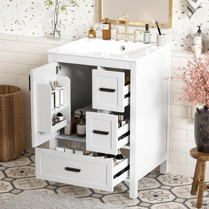 Favfurish 24" Bathroom Vanity with Ceramic Sink,Freestanding Bathroom Vanities with Soft-Closing Door and Double-Layer Door Shelf,Modern Bath Storage Cabinet w/ 3 Drawers,White
