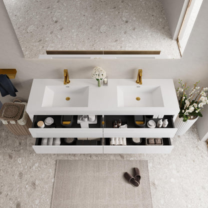 GDFStudio 72" Wall Mounted Double Sink Bathroom Vanity, Floating Vanity with Stone Resin Countertop, Floating Bathroom Storage Cabinet with Soft Close Drawers, Pre-Assembled Base, Glossy White