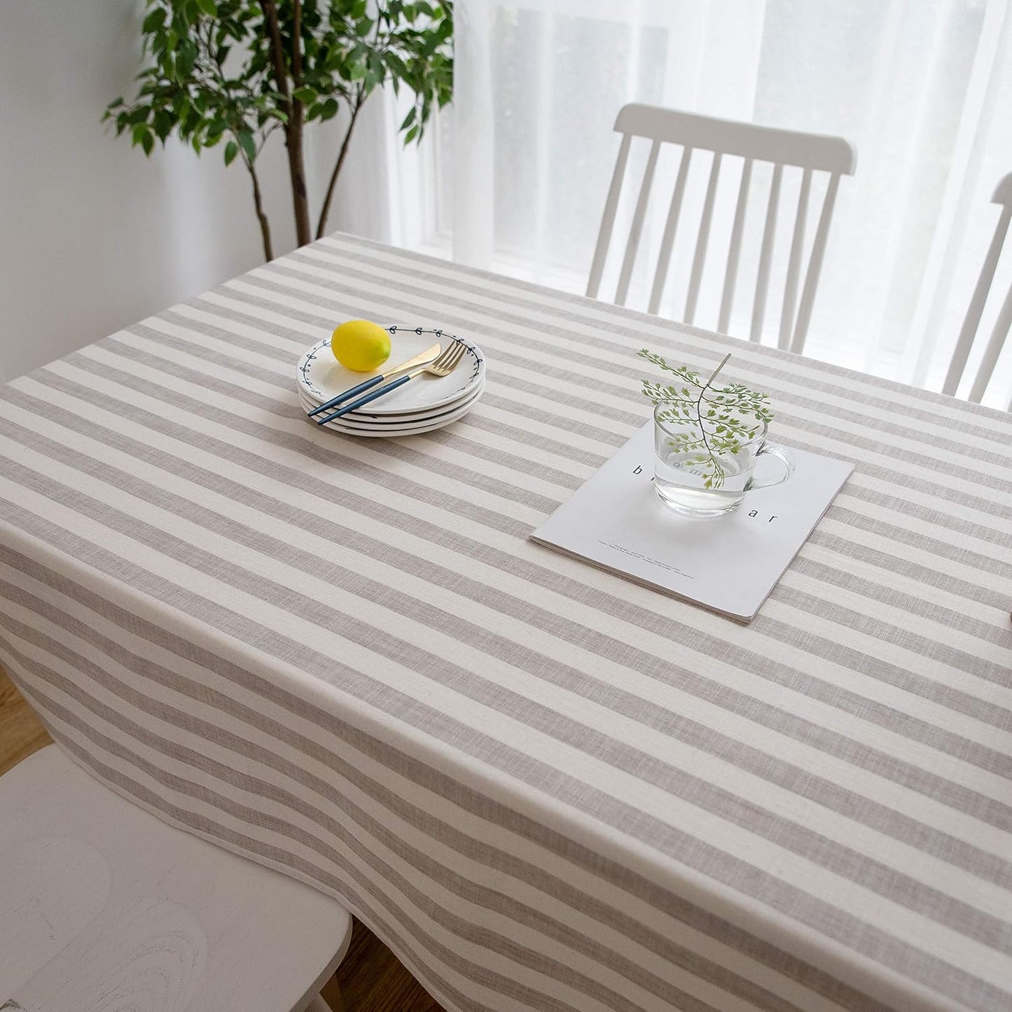 Aquazolax 54 by 54 inch Linen Halloween Table Cloth, Square Striped Taupe Lines Design for Small Parties