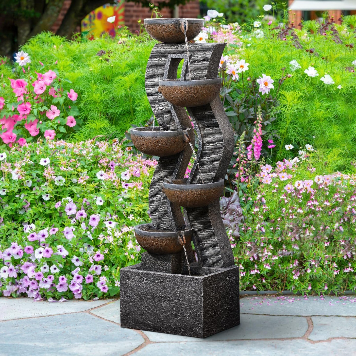 Takamota 52.8" Tall Outdoor Water Fountain with Lights, 6-Tier Cascading Resin Waterfall Feature for Porch, Garden, Yard, Deck, Patio – Large Freestanding Outdoor Fountain and Waterfall Outside Decor