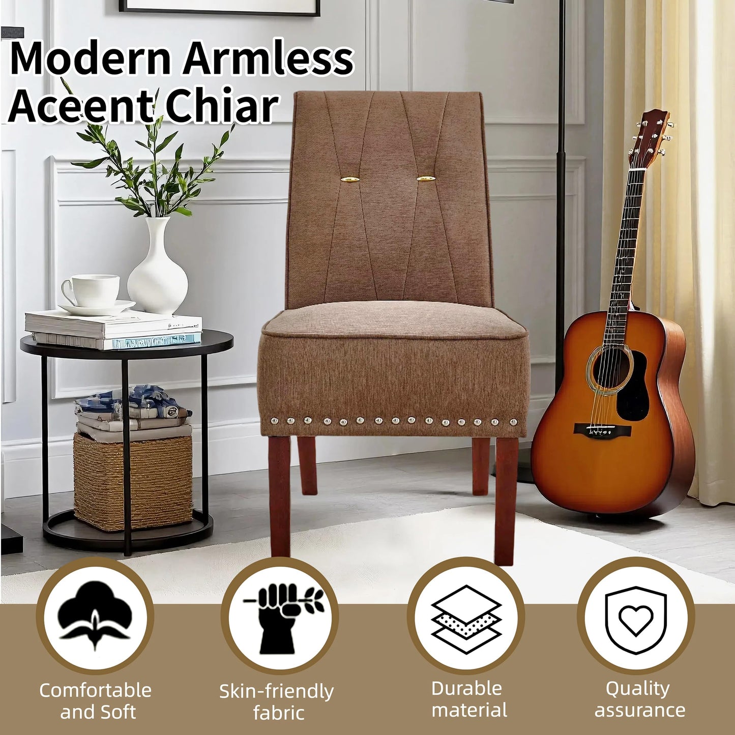 ModaSeren Armless Accent Chairs Set of 2: Upholstered Slipper Armless Chairs with Nails Decorative Slipper Chairs for Bedroom Living Room Dining Room (Brown)