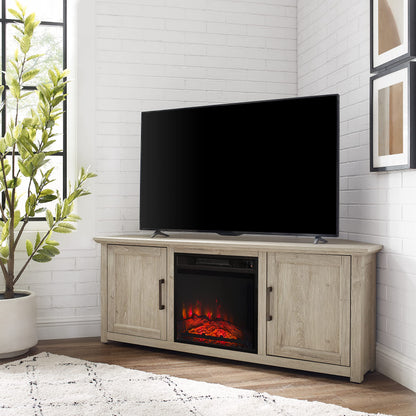 Crosley Furniture Camden Corner Fireplace TV Stand for 65+ inch TVs, Entertainment Center with Storage Shelves, Frosted Oak
