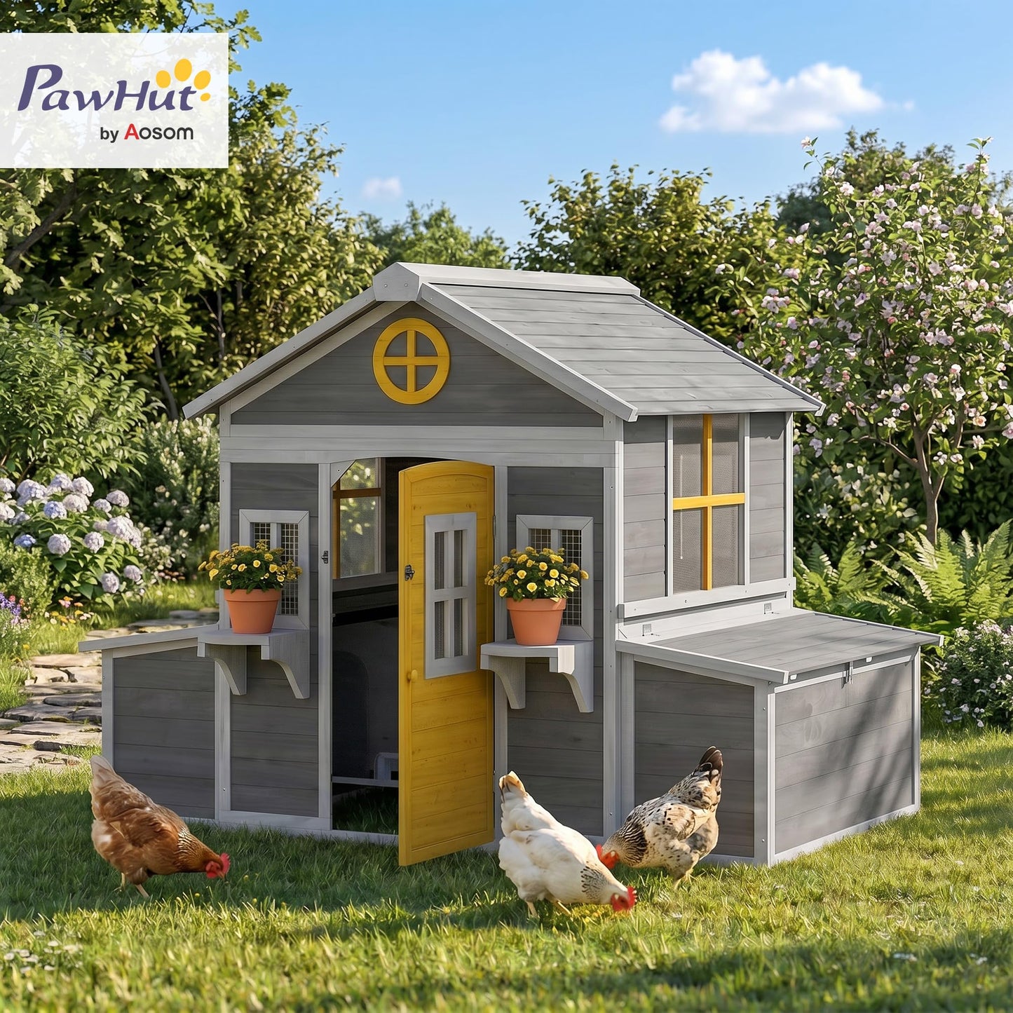 PawHut Wooden Chicken Coop, Hen House for 2-4 Hens, Outdoor Playhouse Poultry Cage with 2 Nesting Boxes, Waterproof Roof, Windows, Chicken Hutch for Farm Backyard, 72" x 50" x 54", Gray