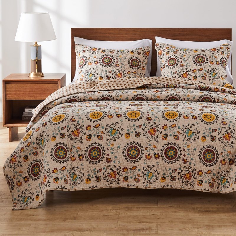 Greenland Home Andorra 100% Cotton Reversible Suzani Quilt Set, Full/Queen (3 Piece)