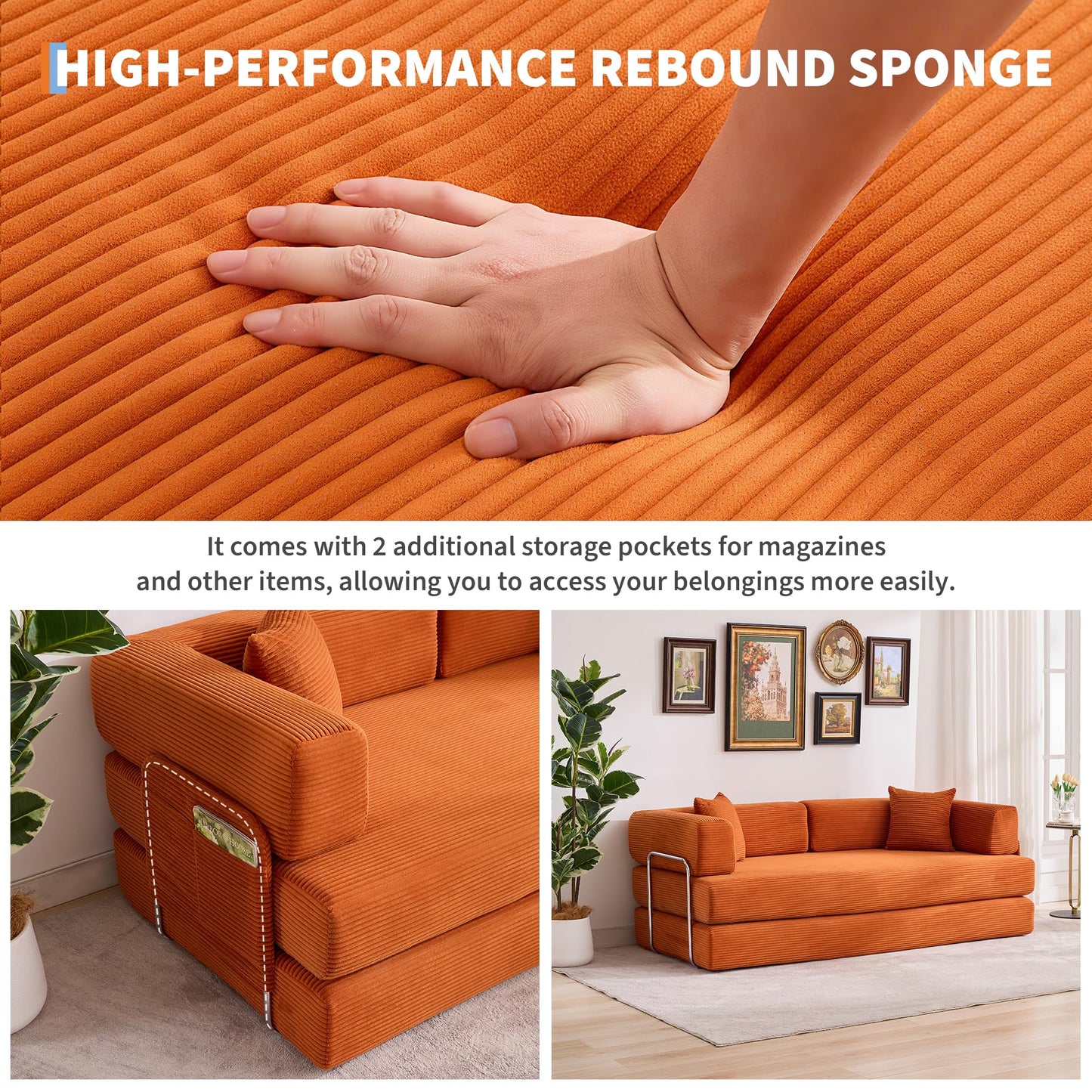 IDEALHOUSE Convertible Sofa Bed 5-in-1, 78.8 Inch Folding Futon Couch with Pull Out Bed, Corduroy Upholstered No-Assembly Loveseat Sleeper for Living Room, Bedroom, Lounge, Orange