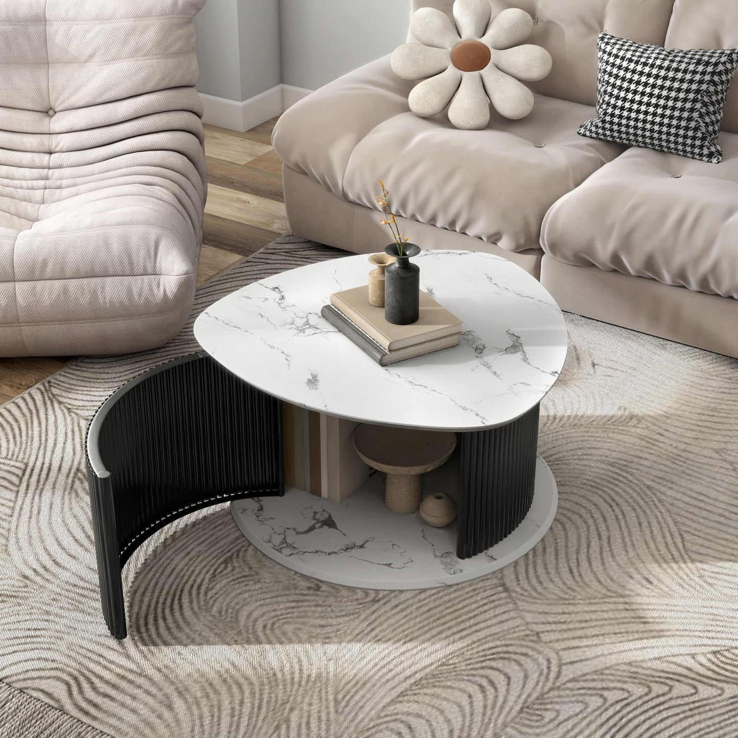 HOMES: Inside + Out Elara Modern 29-inch Triangle Coffee Table with Marble Tabletop, Fluted Iron Pedestal Base and Hidden Storage for Small Space, Living Room, Home Office, Black