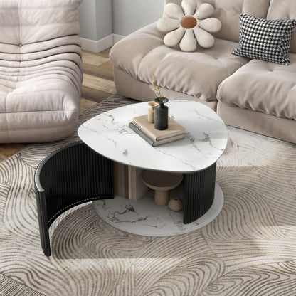 HOMES: Inside + Out Elara Modern 29-inch Triangle Coffee Table with Marble Tabletop, Fluted Iron Pedestal Base and Hidden Storage for Small Space, Living Room, Home Office, Black