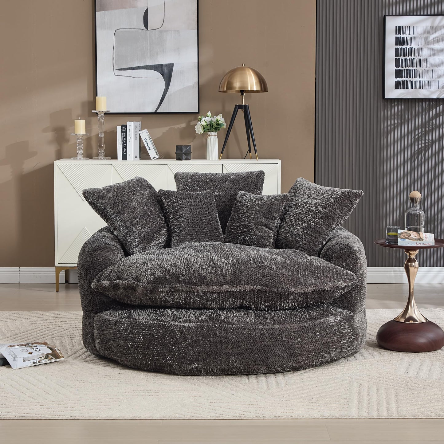LITVZ Oversized Round Chaise Lounge Indoor, Comfy Round Boneless Sofa Chair with Extra Deep Seat, Cozy Memory Foam Cuddle Circle Couch and 5 Pillows for Reading Living Room