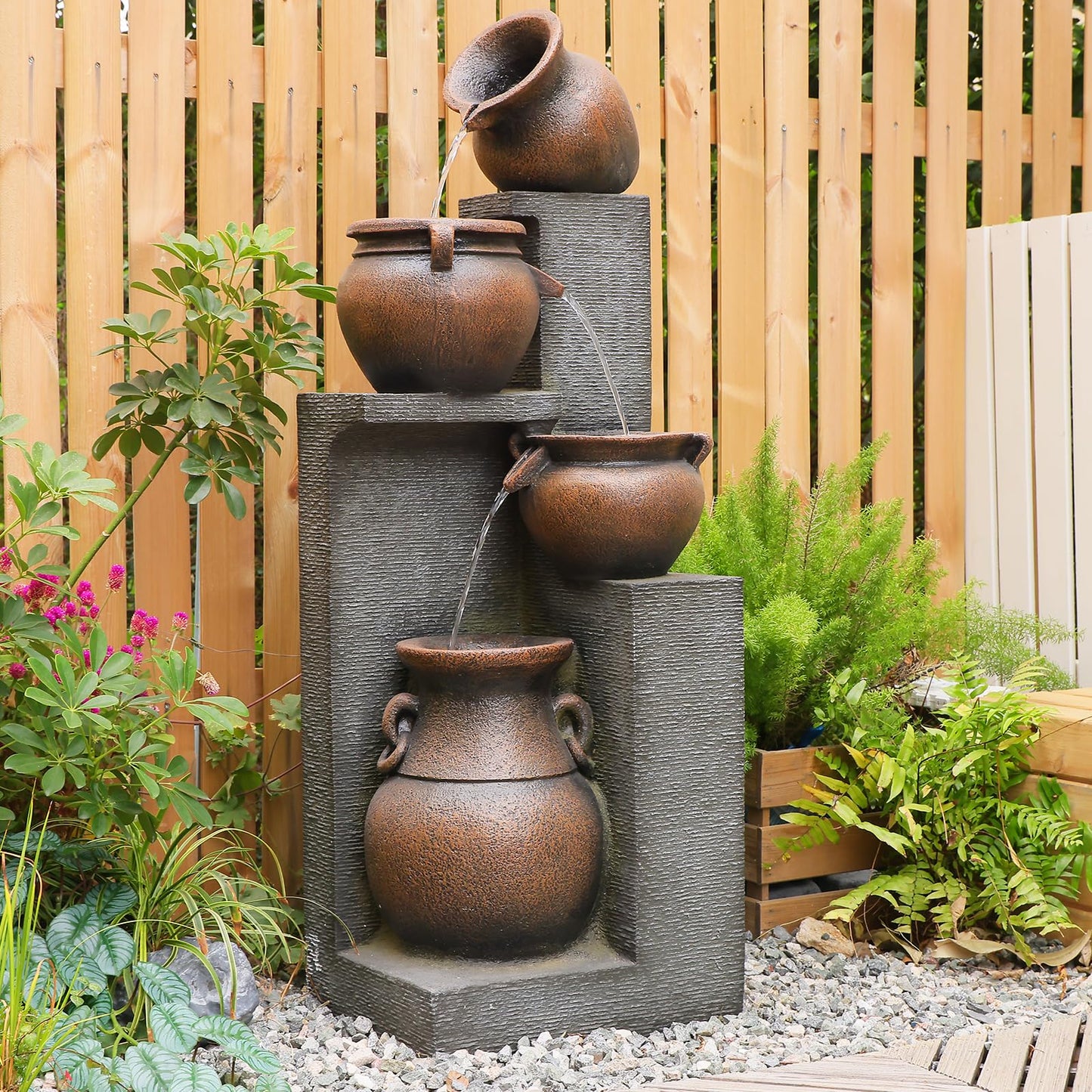 Bumilgar 53" H Large Outdoor Water Fountain with Lights - 4 Tiered Cascading Bowls Waterfall Fountain for Garden, Patio, Backyard, Porch Inside - Freestanding Outdoor Water Feature Gold