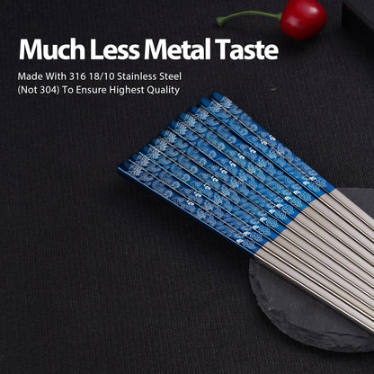 Hagary Dragon Chopsticks Metal Reusable Designed In Korea Japanese Style Stainless Steel 316 18/10 Non-Slip Dishwasher Safe Laser Etched (Blue - 5 Pairs)