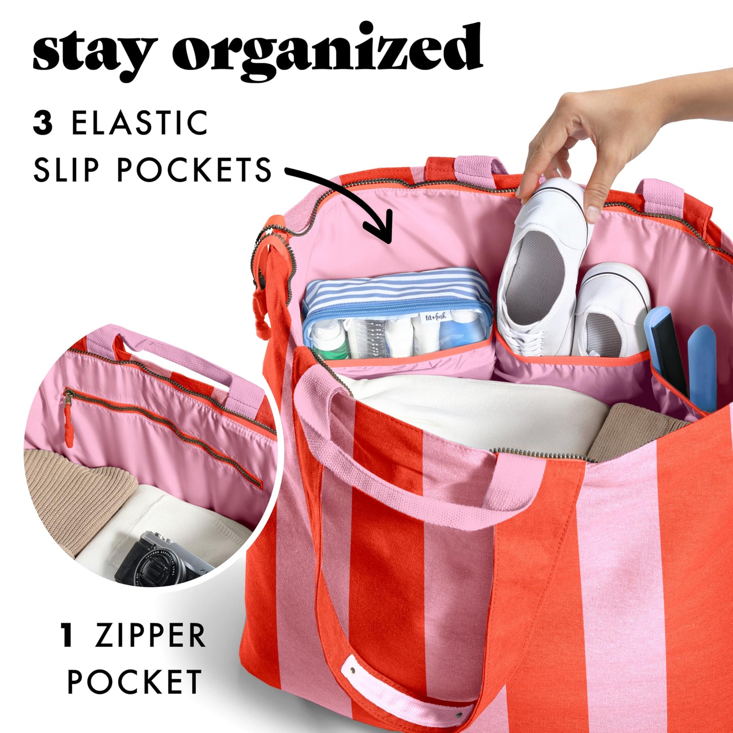 Fit & Fresh XL Beach Tote Bag for Women – Extra Large Travel Tote with Zipper & Pockets, Oversized Canvas Pool Bag, Weekender Carry-On for Beach, Travel & Family Essentials