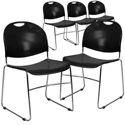 Flash Furniture 5 Pack HERCULES Series 880 lb. Capacity Black Ultra-Compact Stack Chair with Chrome Frame