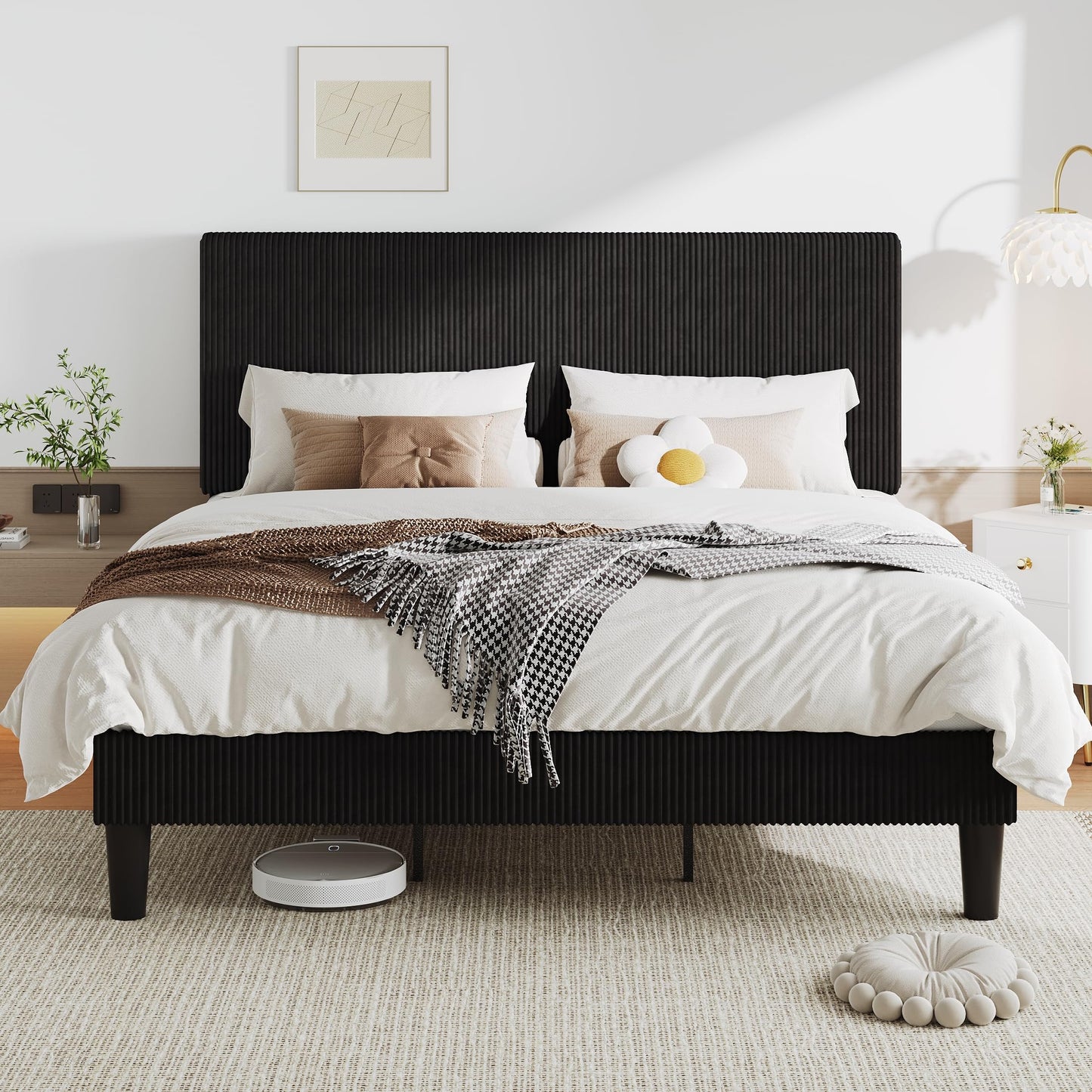 Allewie King Size Upholstered Bed Frame with Vertical Channel Tufted Headboard, Soft Corduroy Fabric Platform Bed, Strong Wooden Slats Support, Easy Assembly, No Box Spring Needed, Black