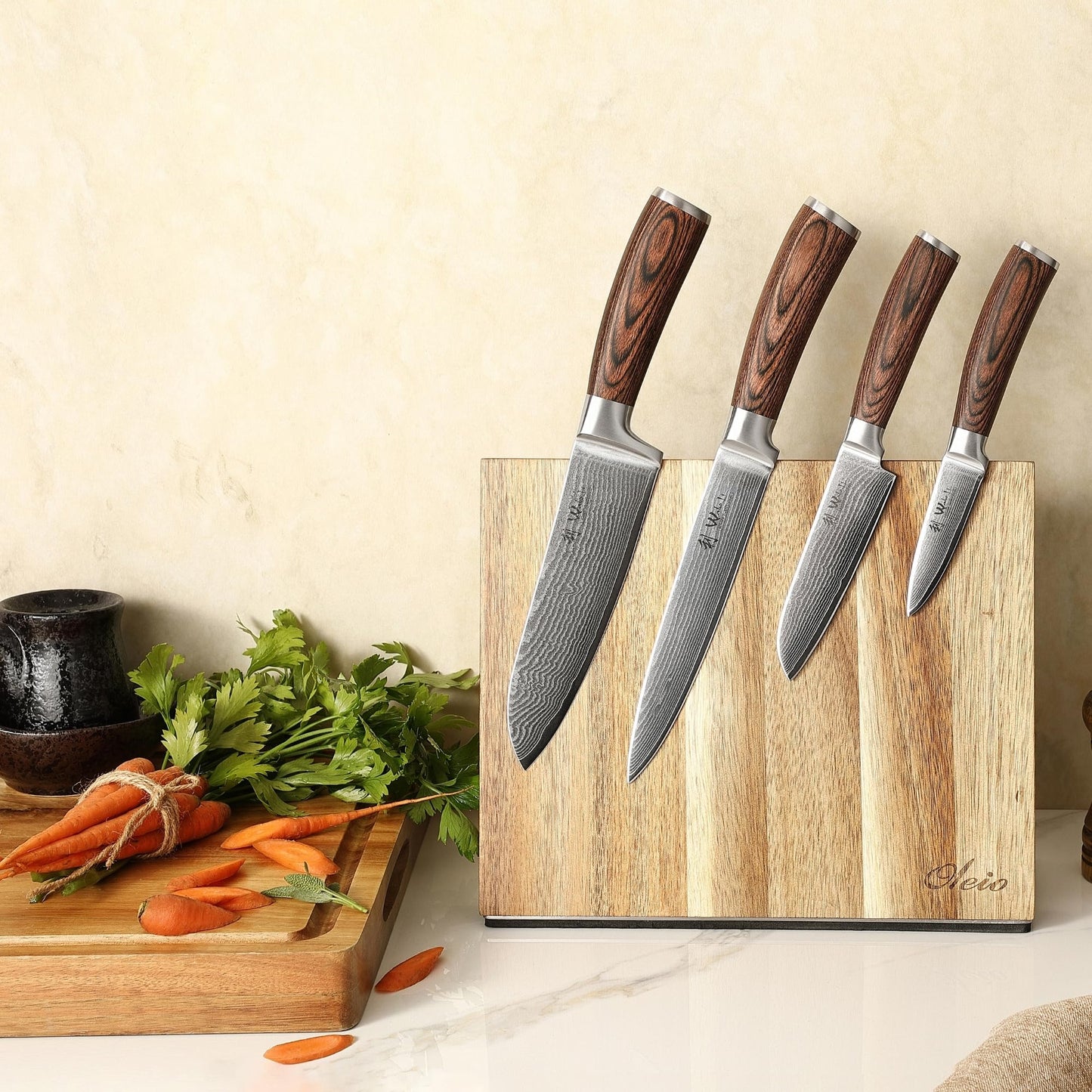 Wakoli EDIB 4-Piece Damascus Knife Block Set – Professional Kitchen Knives with Magnetic Acacia Block, 67-Layer Damascus Steel Blades and Ergonomic Pakkawood Handles – Premium Knife Set with Block