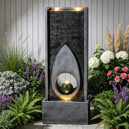 46.5’’Tall Modern Water Fountain Indoor Outdoor Waterfall Feature Floor Standing with Sphere and LED Lights for Garden, Yard, Patio, Deck, Porch, Livingroom Decor