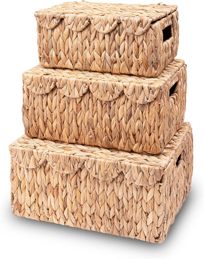 Set 3 LUSYDECO of Scalloped Edge Wicker Basket with Lid, Rectangle Wicker Storage Basket with Built-in Handles