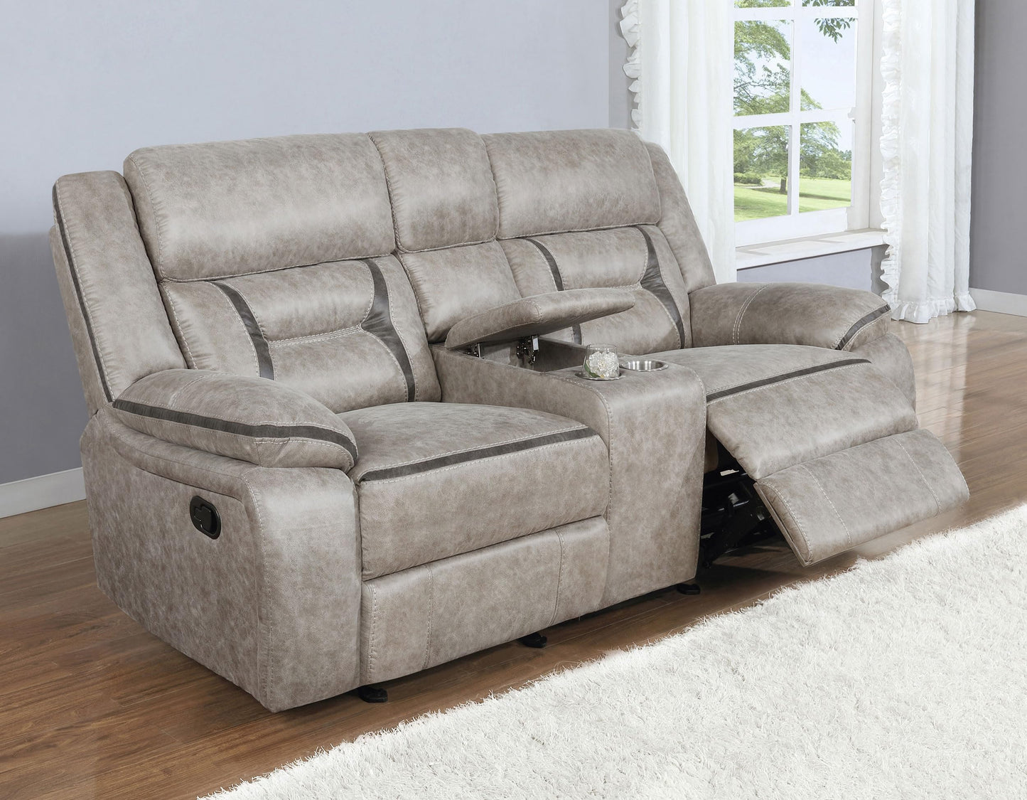 Coaster Home Furnishings - Greer - Faux Leather Upholstered Glider Reclining Loveseat with Console, Built-in Cupholders, Storage and USB Port - Home Theater & Living Room - Taupe - 651352