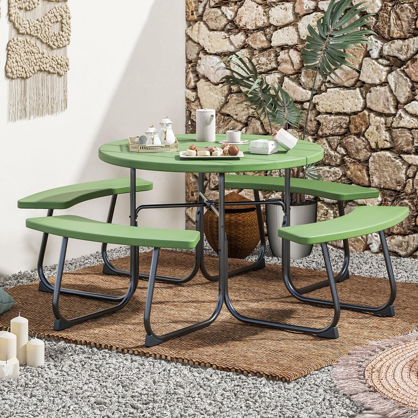 HAPPYGRILL 8-Person Picnic Table Bench Set with Umbrella Hole, 43” Outdoor Dining Table w/4 Benches, Wood-Like Texture Tabletop, Stable U-Shaped Base, Round Table for Backyards, Green
